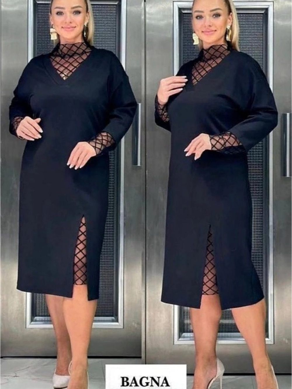 TESSY Black Geometric Midi Dress Size 42-48 New